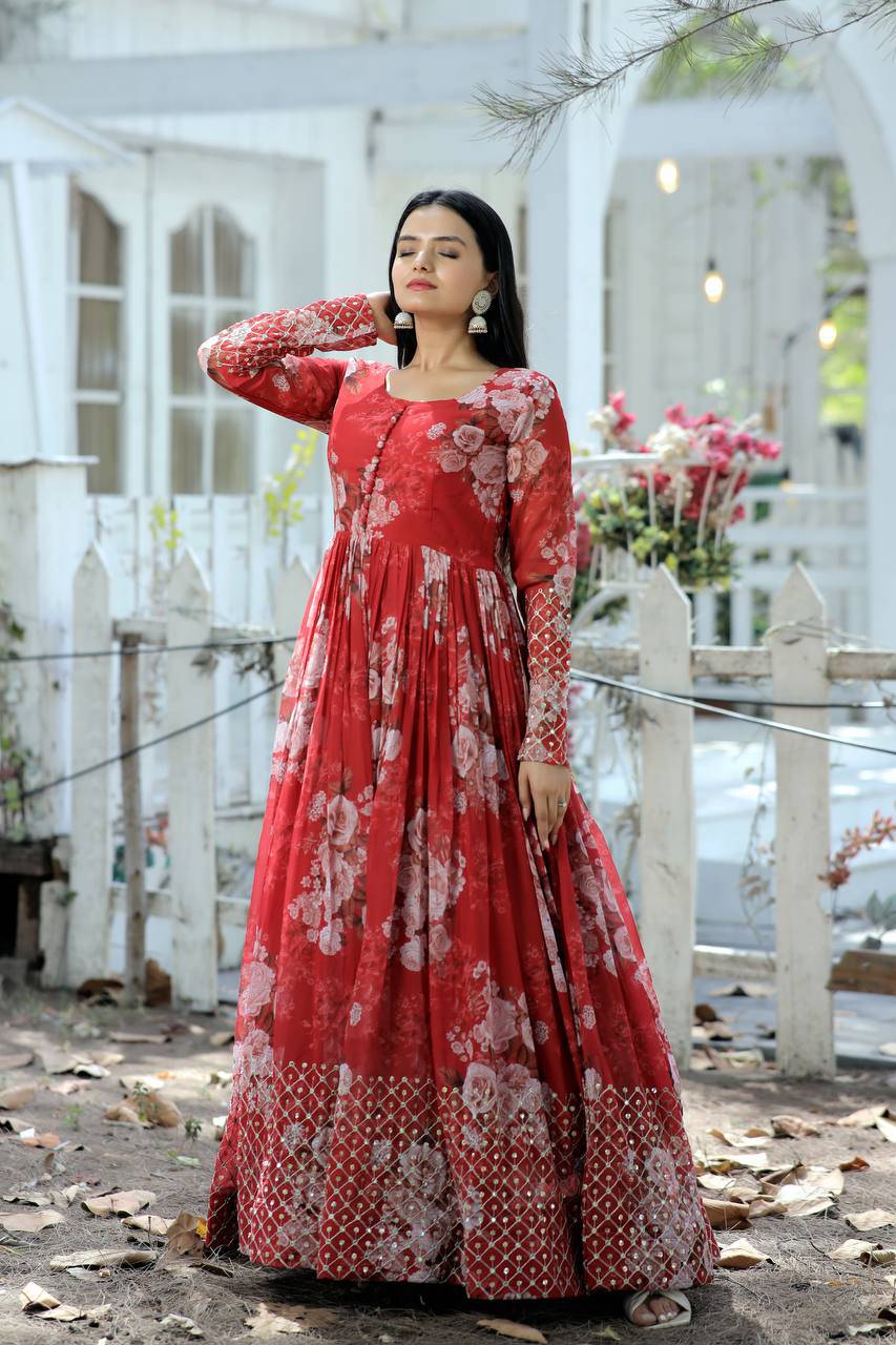 Timeless Floral Digital Printed Faux Georgette Designer Gown - INDIAN ELEGANCE