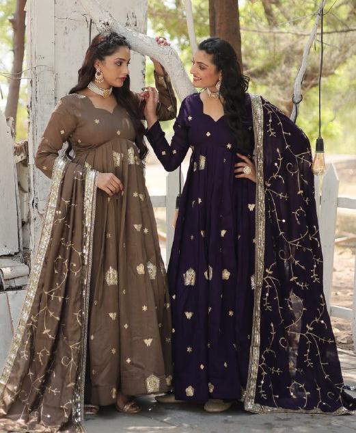 Graceful Rich Sequins Embroidered Fully Stitched Gown With Dupatta - INDIAN ELEGANCE