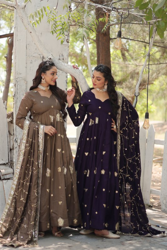Graceful Rich Sequins Embroidered Fully Stitched Gown With Dupatta - INDIAN ELEGANCE
