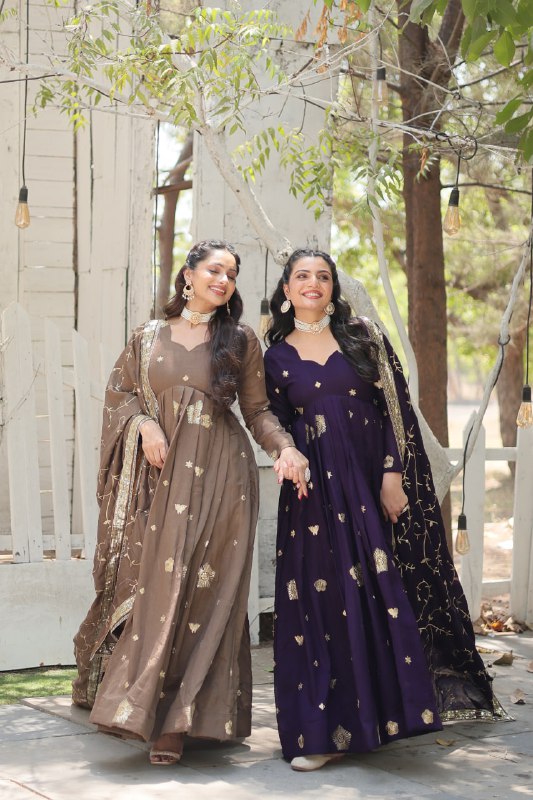 Graceful Rich Sequins Embroidered Fully Stitched Gown With Dupatta - INDIAN ELEGANCE