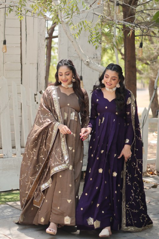 Graceful Rich Sequins Embroidered Fully Stitched Gown With Dupatta - INDIAN ELEGANCE