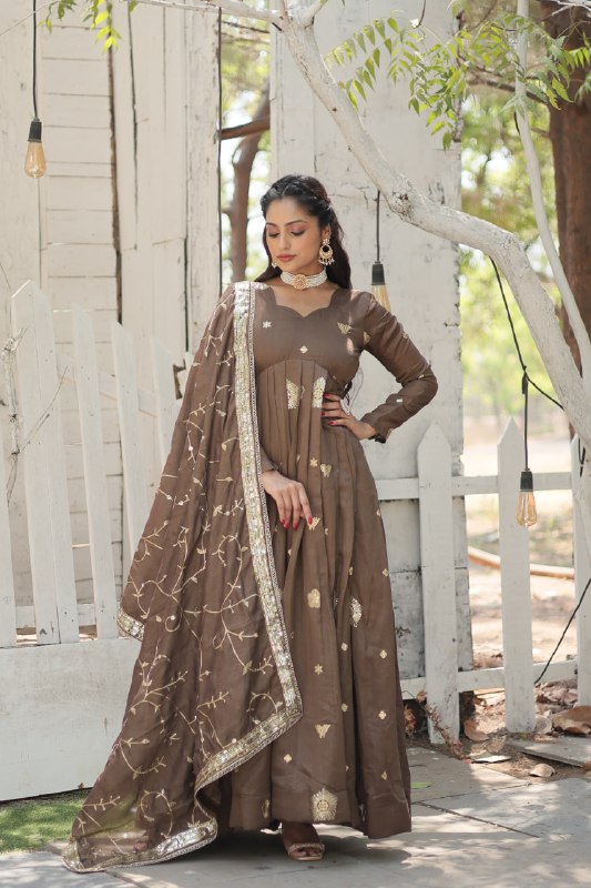 Graceful Rich Sequins Embroidered Fully Stitched Gown With Dupatta - INDIAN ELEGANCE