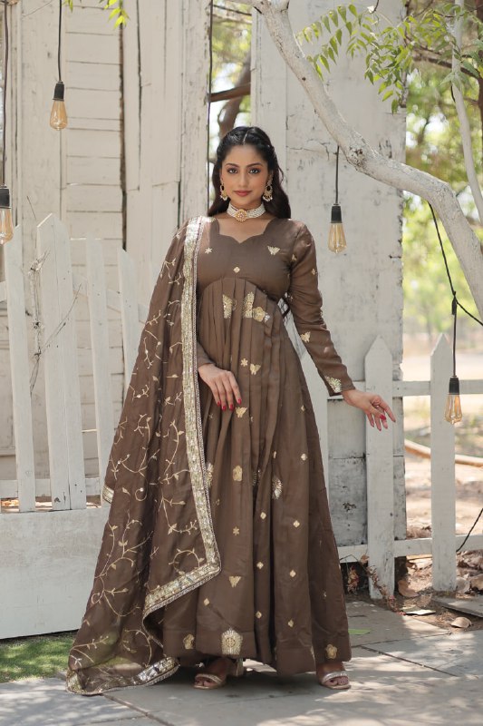 Graceful Rich Sequins Embroidered Fully Stitched Gown With Dupatta - INDIAN ELEGANCE