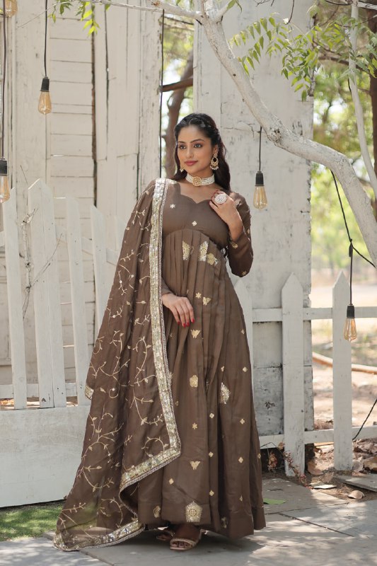 Graceful Rich Sequins Embroidered Fully Stitched Gown With Dupatta - INDIAN ELEGANCE