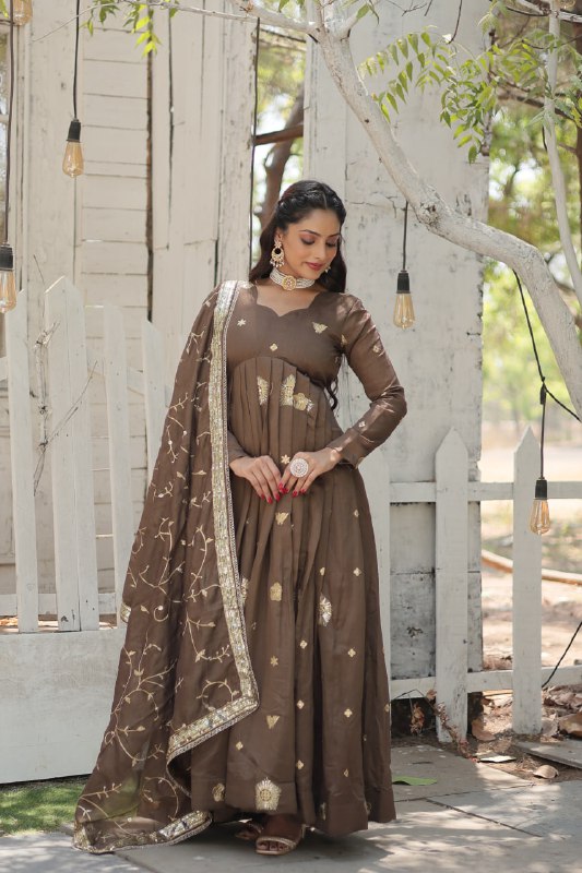 Graceful Rich Sequins Embroidered Fully Stitched Gown With Dupatta - INDIAN ELEGANCE