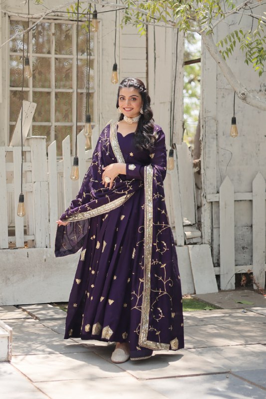 Graceful Rich Sequins Embroidered Fully Stitched Gown With Dupatta - INDIAN ELEGANCE