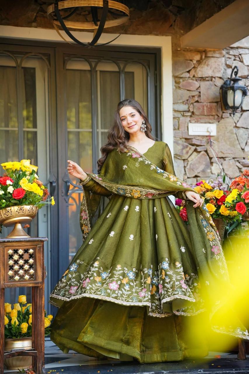 Designer Party Wear Crunchy Silk Gown Sharara Set with Dupatta for Women