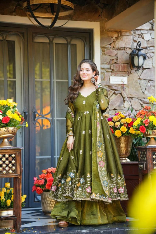 Designer Party Wear Crunchy Silk Gown Sharara Set with Dupatta for Women