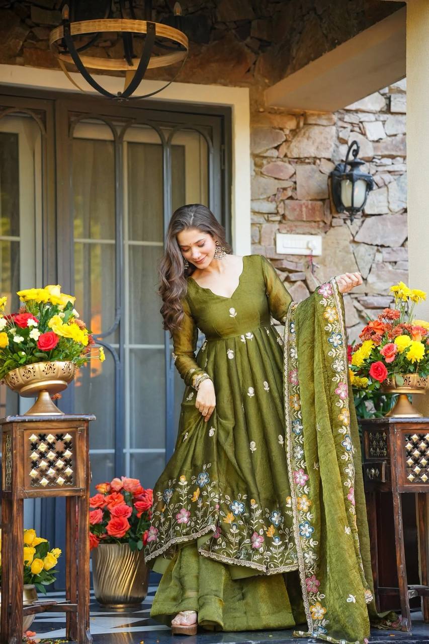 Designer Party Wear Crunchy Silk Gown Sharara Set with Dupatta for Women