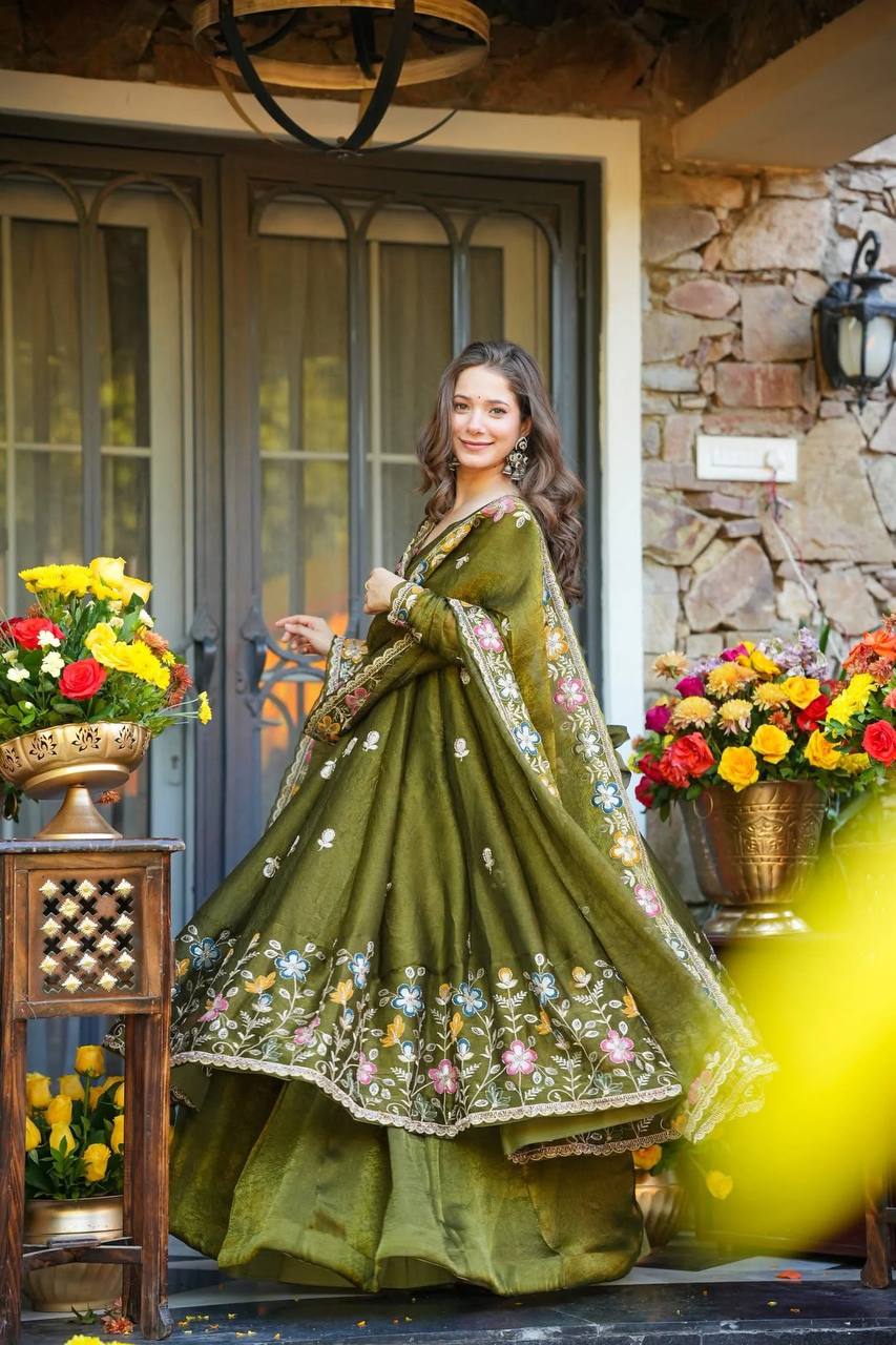 Designer Party Wear Crunchy Silk Gown Sharara Set with Dupatta for Women