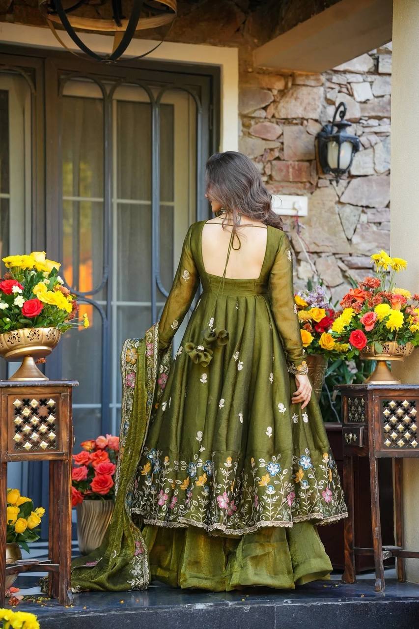 Designer Party Wear Crunchy Silk Gown Sharara Set with Dupatta for Women