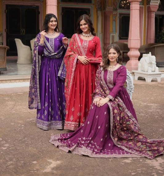 Stylish Chinon Rich Sequins Embroidered Fully Stitched Gown - INDIAN ELEGANCE