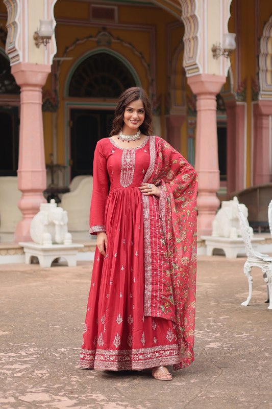Stylish Chinon Rich Sequins Embroidered Fully Stitched Gown - INDIAN ELEGANCE