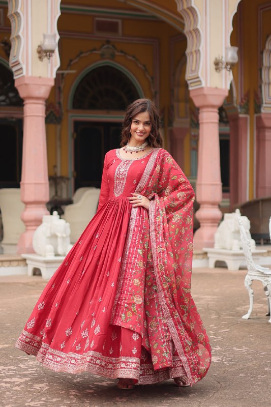 Stylish Chinon Rich Sequins Embroidered Fully Stitched Gown - INDIAN ELEGANCE