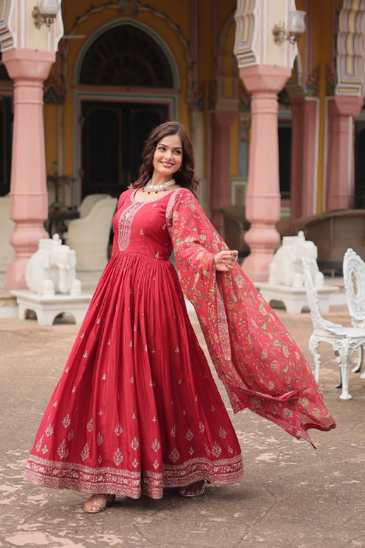 Stylish Chinon Rich Sequins Embroidered Fully Stitched Gown - INDIAN ELEGANCE