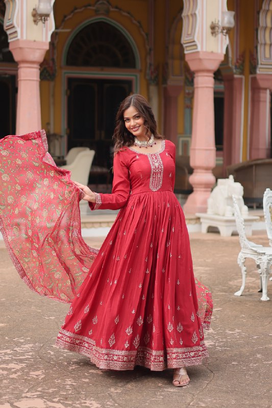 Stylish Chinon Rich Sequins Embroidered Fully Stitched Gown - INDIAN ELEGANCE