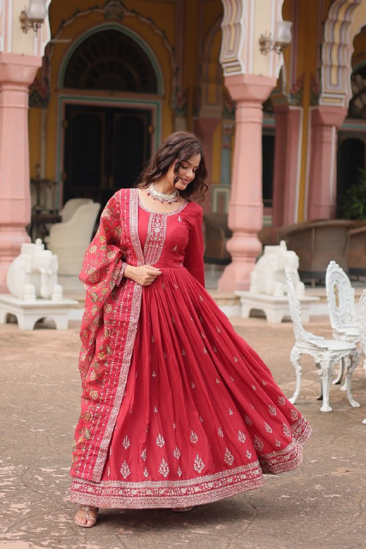Stylish Chinon Rich Sequins Embroidered Fully Stitched Gown - INDIAN ELEGANCE