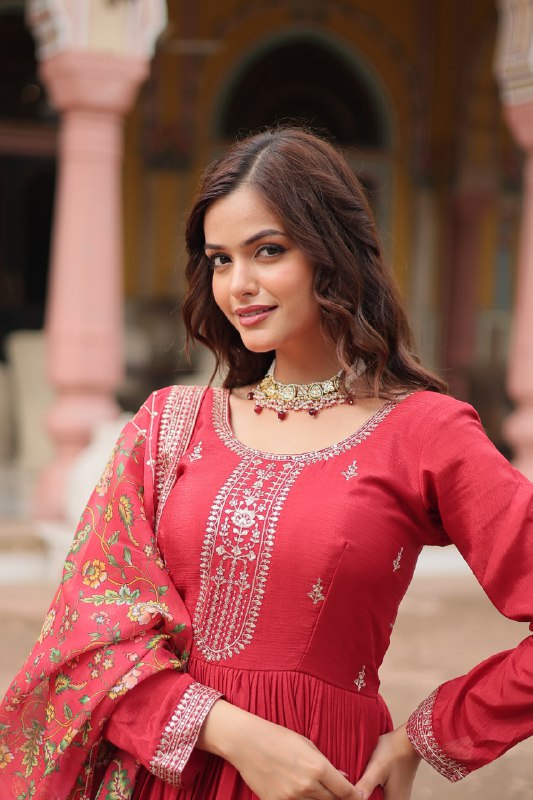 Stylish Chinon Rich Sequins Embroidered Fully Stitched Gown - INDIAN ELEGANCE