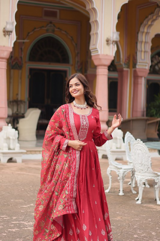 Stylish Chinon Rich Sequins Embroidered Fully Stitched Gown - INDIAN ELEGANCE
