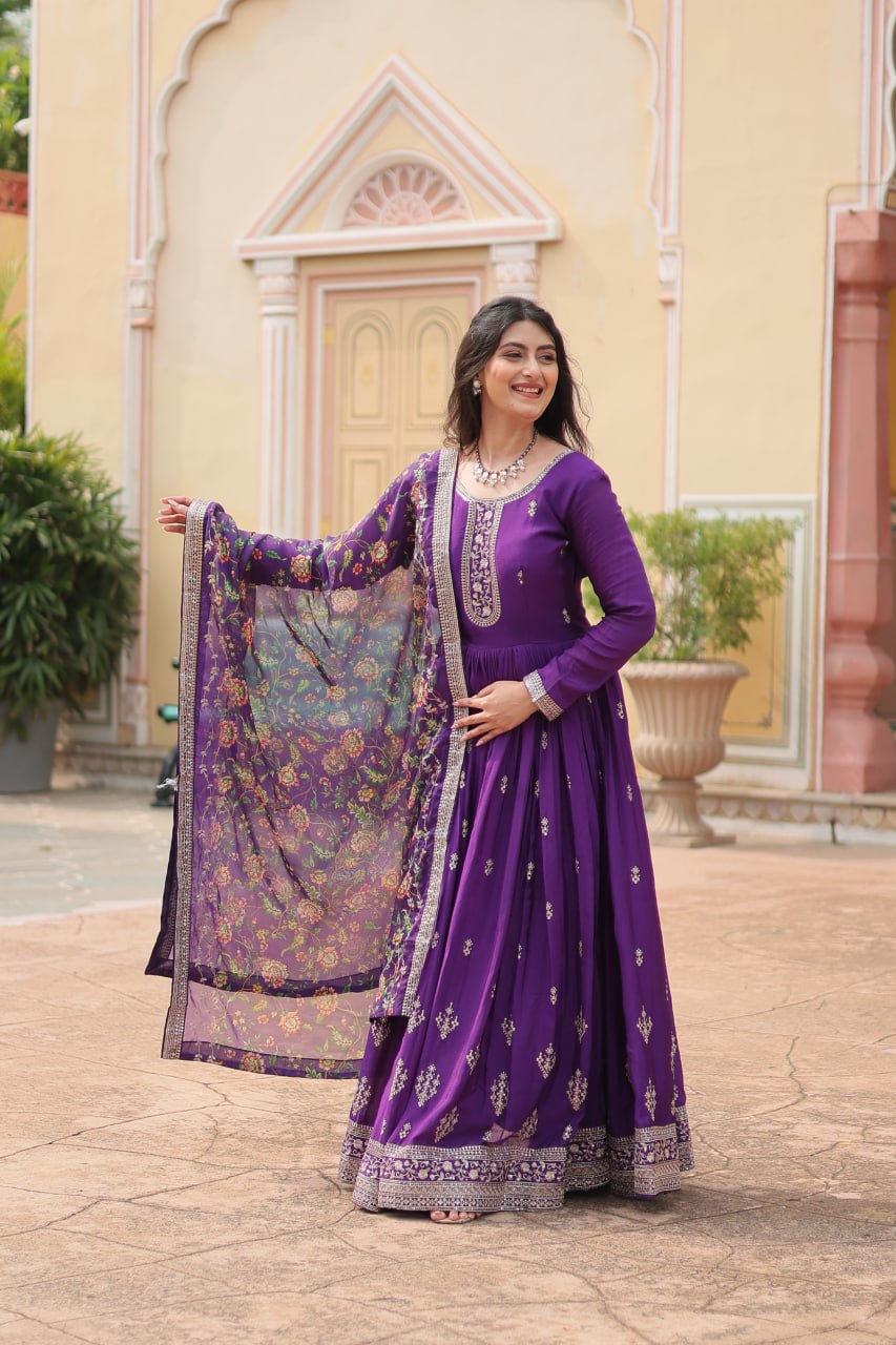 Stylish Chinon Rich Sequins Embroidered Fully Stitched Gown - INDIAN ELEGANCE