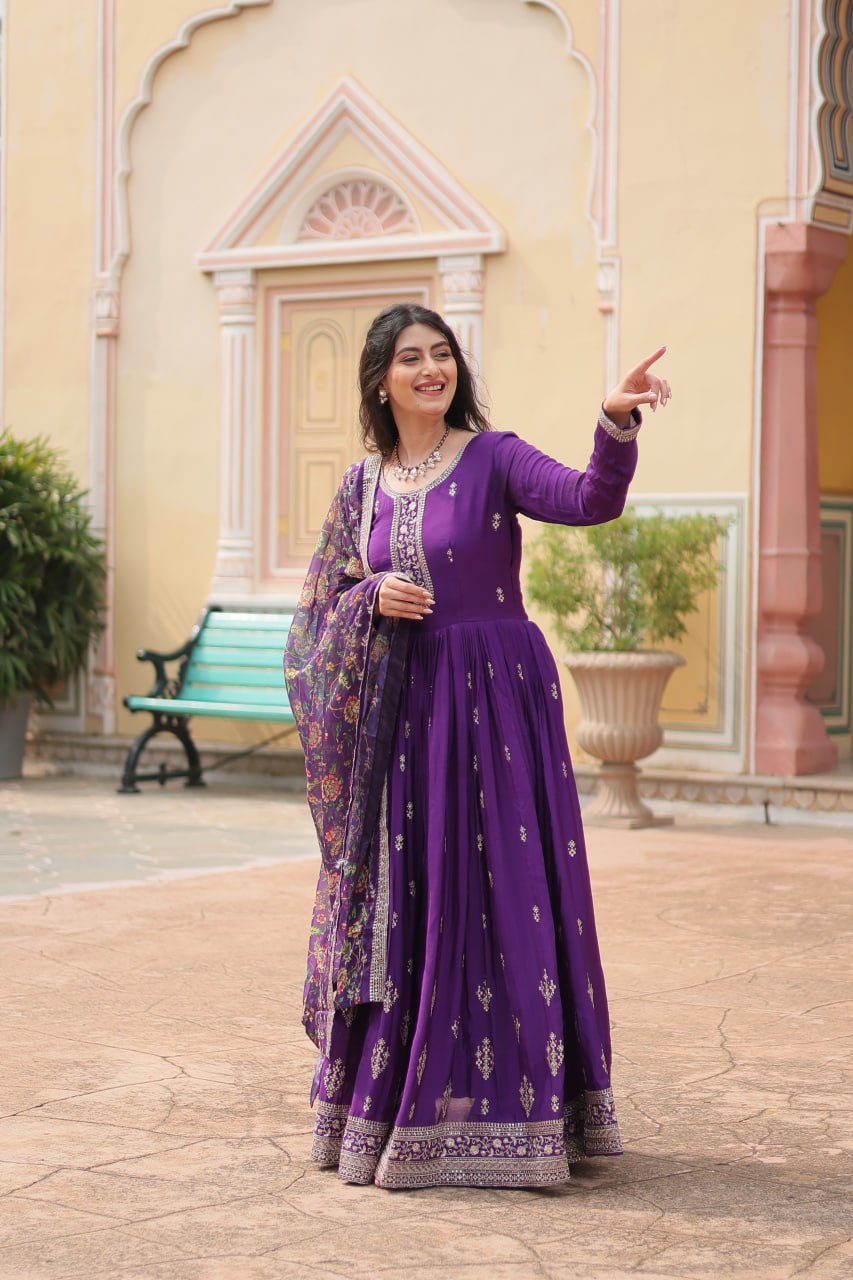 Stylish Chinon Rich Sequins Embroidered Fully Stitched Gown - INDIAN ELEGANCE