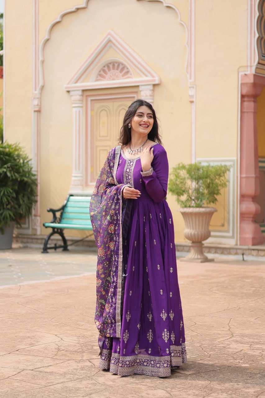 Stylish Chinon Rich Sequins Embroidered Fully Stitched Gown - INDIAN ELEGANCE
