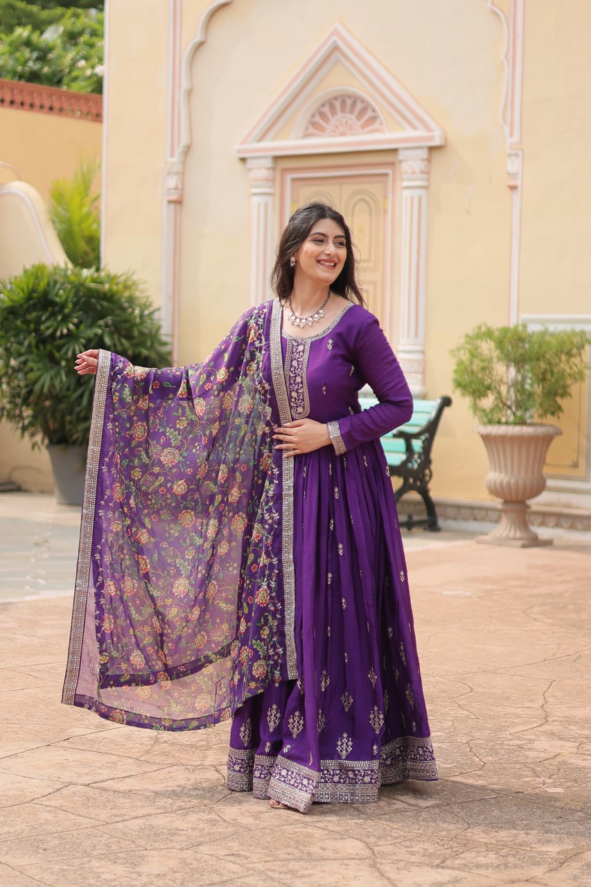 Stylish Chinon Rich Sequins Embroidered Fully Stitched Gown - INDIAN ELEGANCE