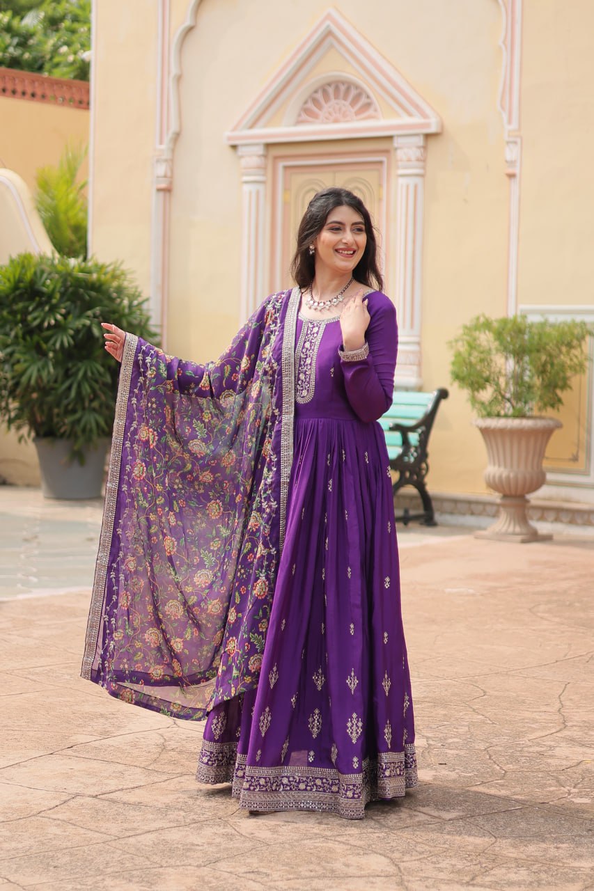 Stylish Chinon Rich Sequins Embroidered Fully Stitched Gown - INDIAN ELEGANCE