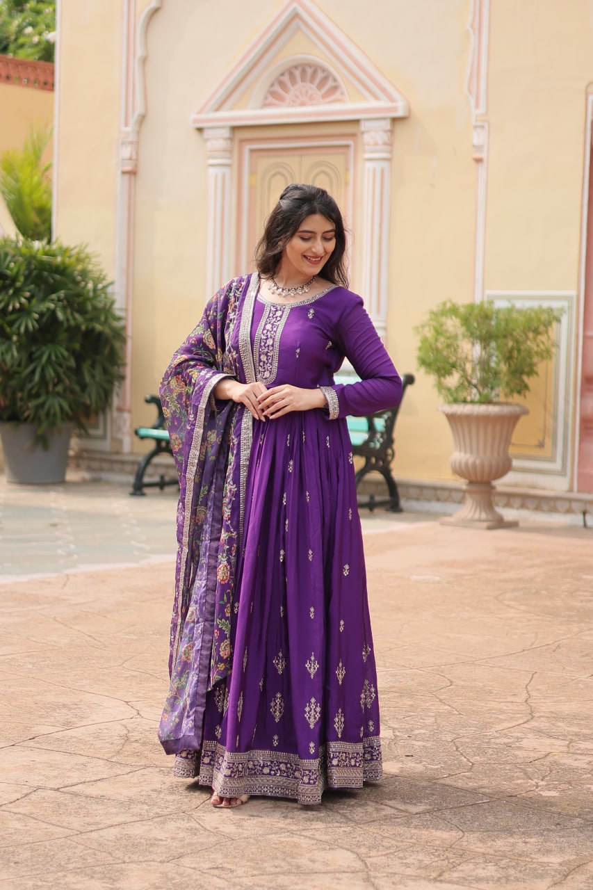 Stylish Chinon Rich Sequins Embroidered Fully Stitched Gown - INDIAN ELEGANCE