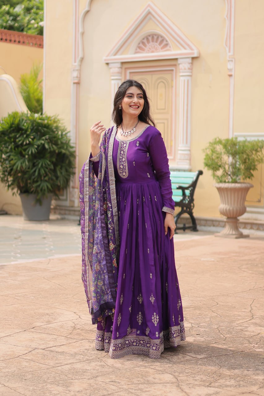 Stylish Chinon Rich Sequins Embroidered Fully Stitched Gown - INDIAN ELEGANCE