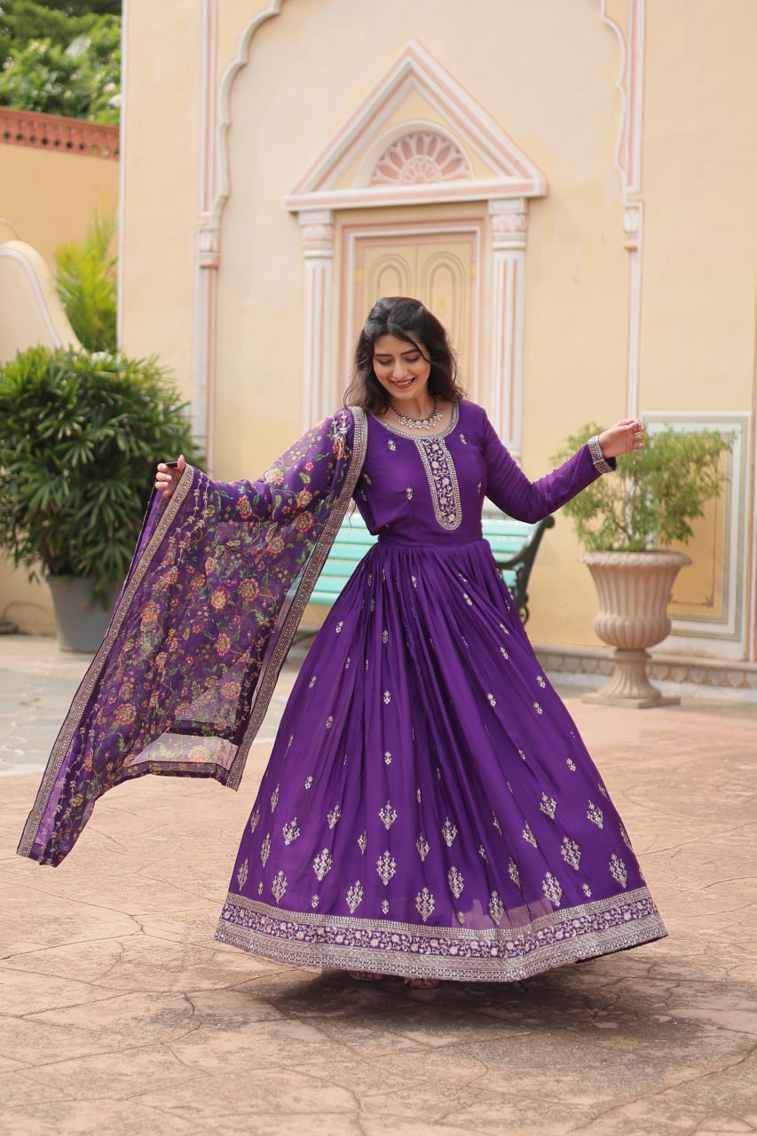 Stylish Chinon Rich Sequins Embroidered Fully Stitched Gown - INDIAN ELEGANCE