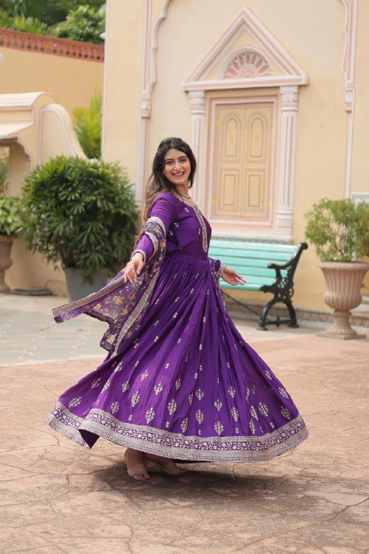 Stylish Chinon Rich Sequins Embroidered Fully Stitched Gown - INDIAN ELEGANCE