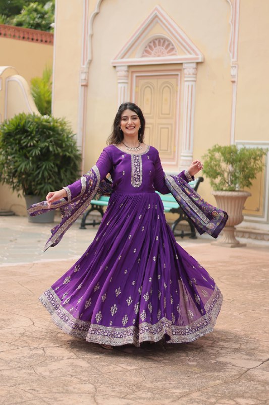 Stylish Chinon Rich Sequins Embroidered Fully Stitched Gown - INDIAN ELEGANCE