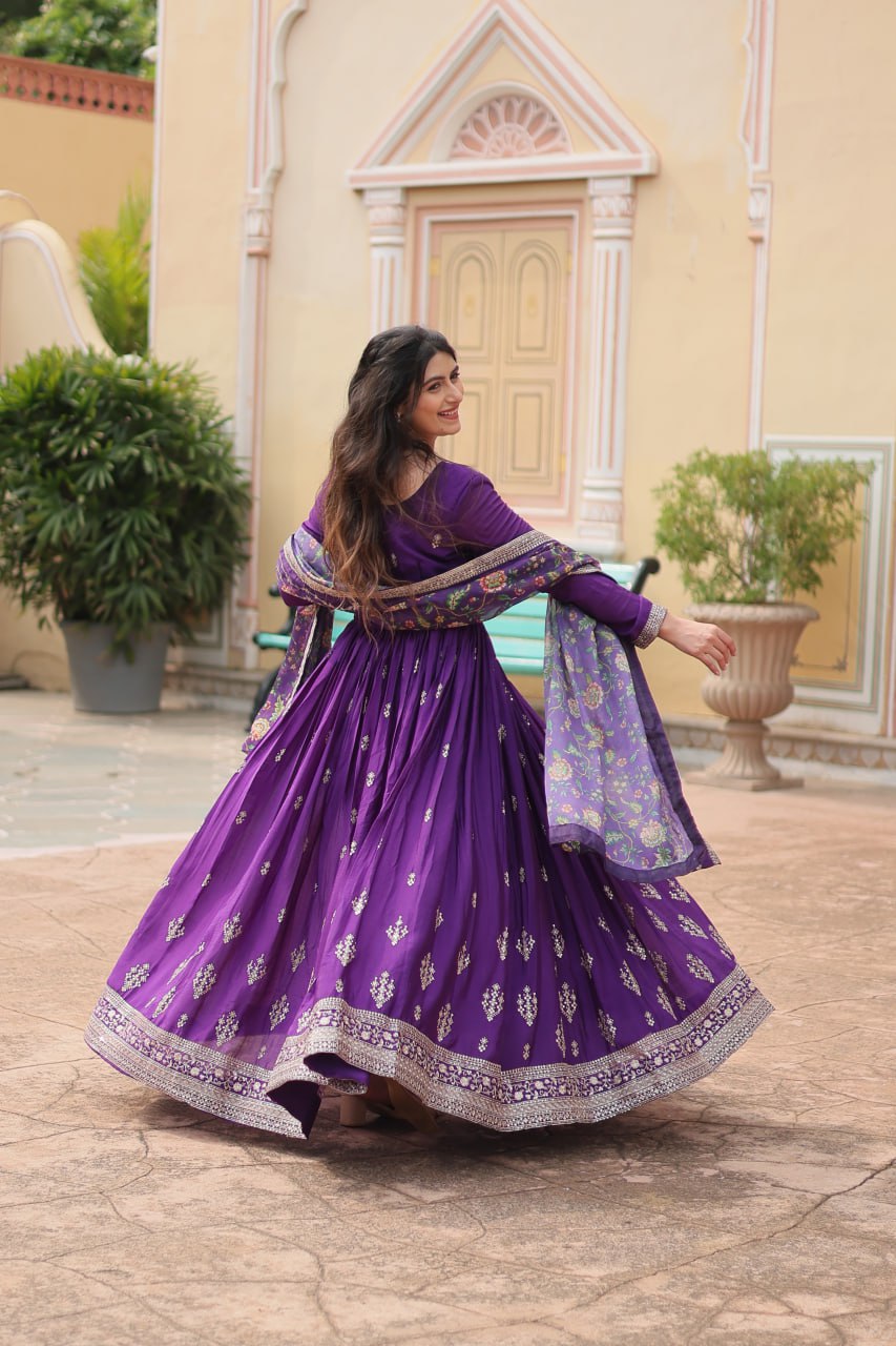 Stylish Chinon Rich Sequins Embroidered Fully Stitched Gown - INDIAN ELEGANCE