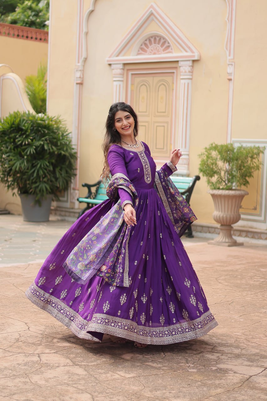 Stylish Chinon Rich Sequins Embroidered Fully Stitched Gown - INDIAN ELEGANCE