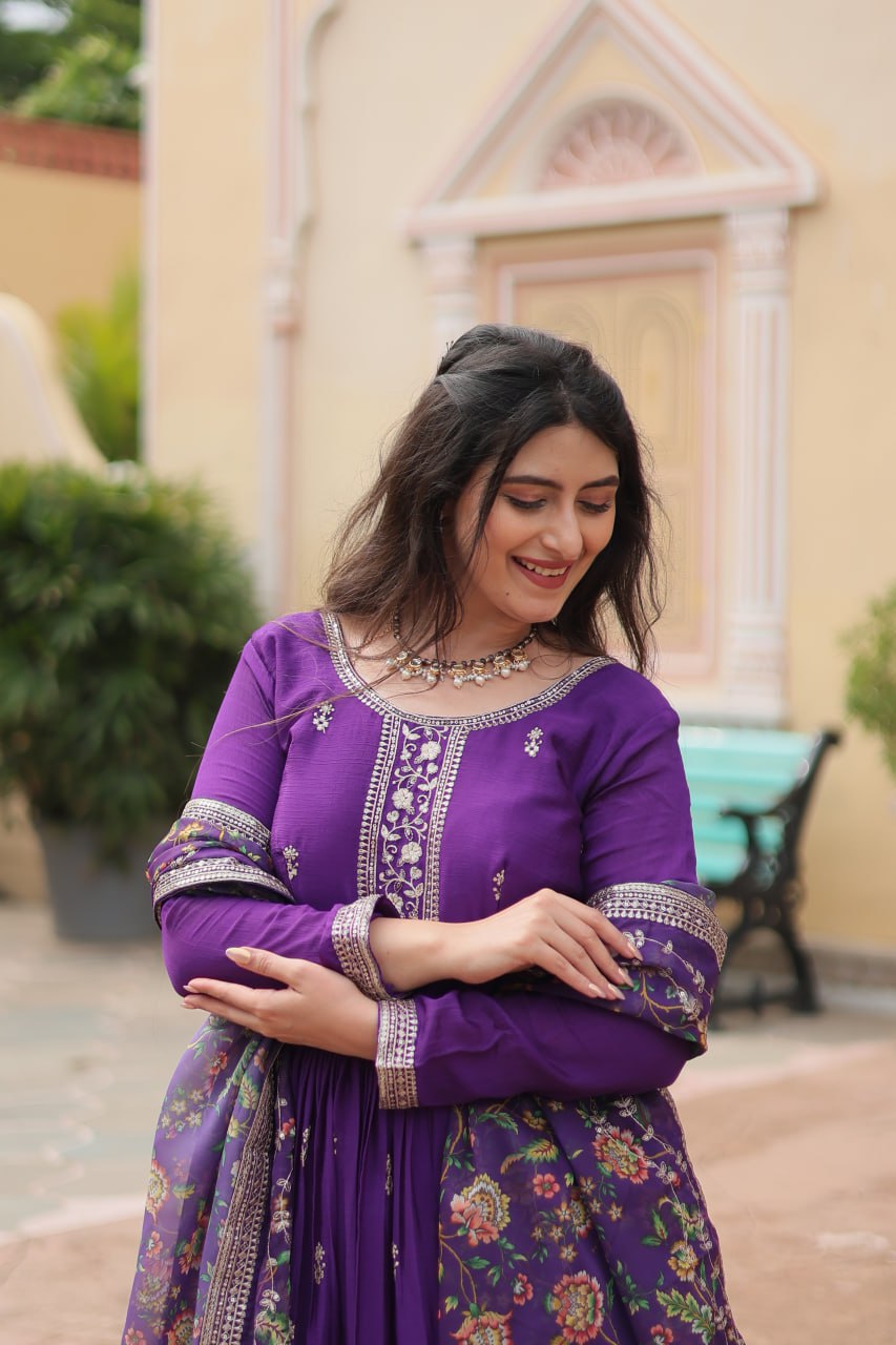 Stylish Chinon Rich Sequins Embroidered Fully Stitched Gown - INDIAN ELEGANCE