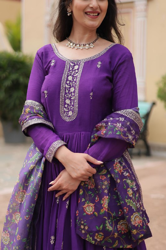 Stylish Chinon Rich Sequins Embroidered Fully Stitched Gown - INDIAN ELEGANCE
