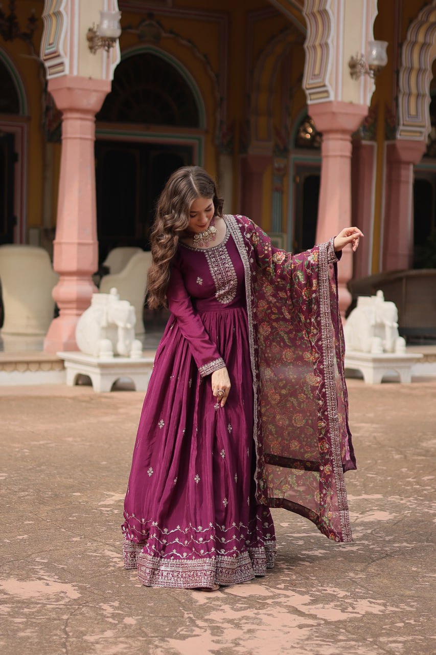 Stylish Chinon Rich Sequins Embroidered Fully Stitched Gown - INDIAN ELEGANCE