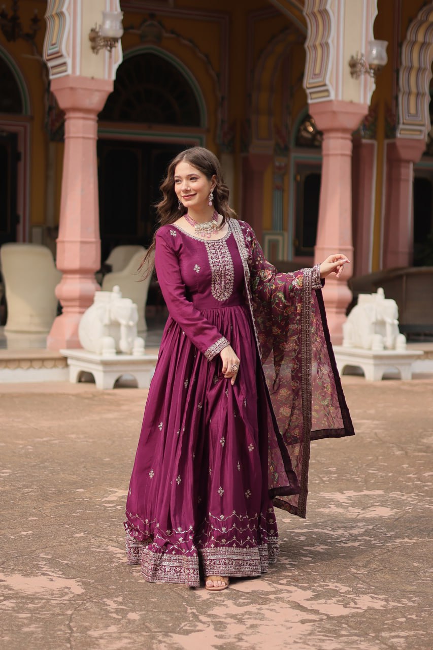 Stylish Chinon Rich Sequins Embroidered Fully Stitched Gown - INDIAN ELEGANCE