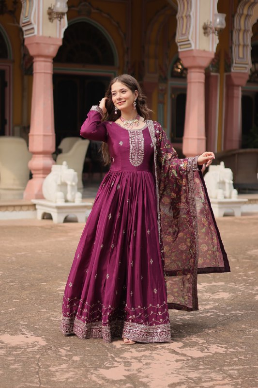 Stylish Chinon Rich Sequins Embroidered Fully Stitched Gown - INDIAN ELEGANCE