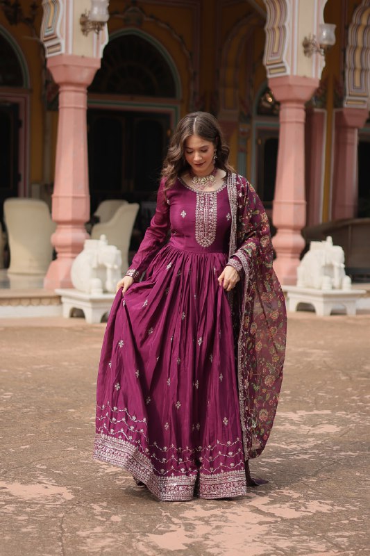 Stylish Chinon Rich Sequins Embroidered Fully Stitched Gown - INDIAN ELEGANCE