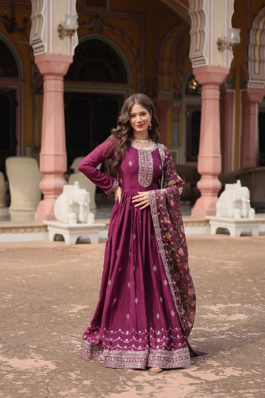 Stylish Chinon Rich Sequins Embroidered Fully Stitched Gown - INDIAN ELEGANCE