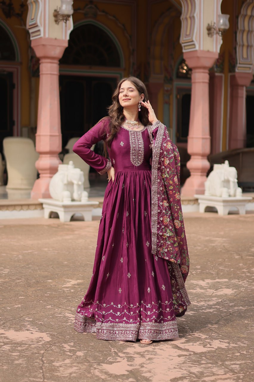 Stylish Chinon Rich Sequins Embroidered Fully Stitched Gown - INDIAN ELEGANCE