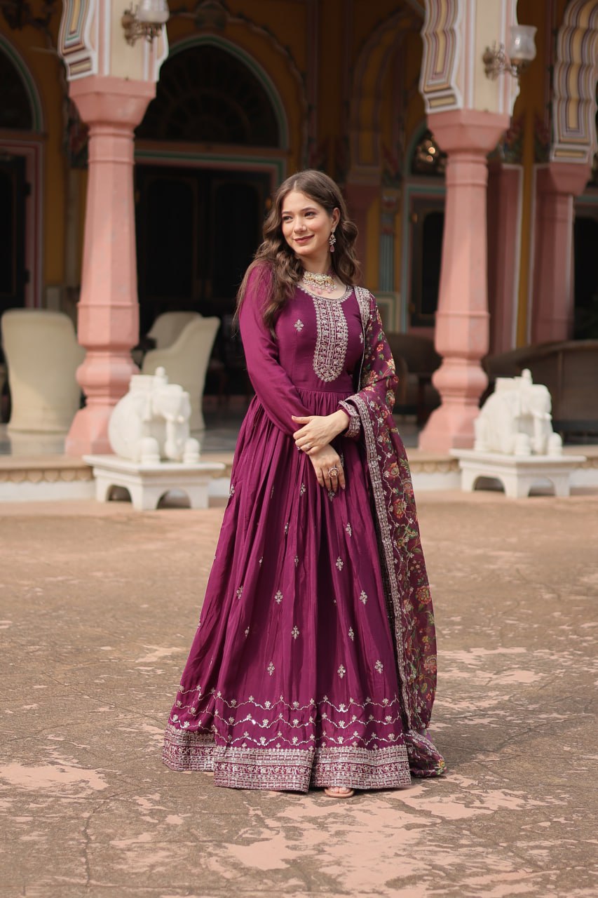 Stylish Chinon Rich Sequins Embroidered Fully Stitched Gown - INDIAN ELEGANCE