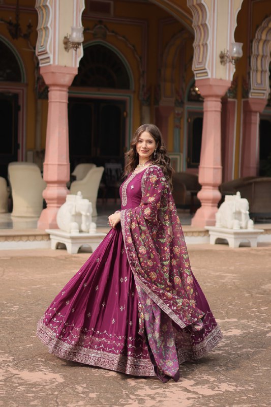 Stylish Chinon Rich Sequins Embroidered Fully Stitched Gown - INDIAN ELEGANCE
