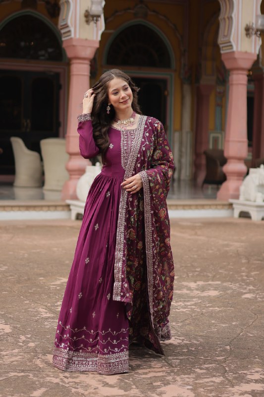 Stylish Chinon Rich Sequins Embroidered Fully Stitched Gown - INDIAN ELEGANCE