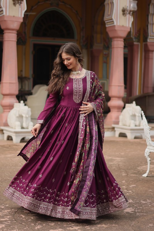 Stylish Chinon Rich Sequins Embroidered Fully Stitched Gown - INDIAN ELEGANCE