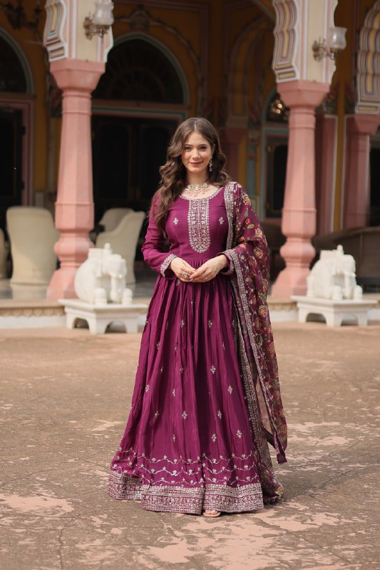 Stylish Chinon Rich Sequins Embroidered Fully Stitched Gown - INDIAN ELEGANCE