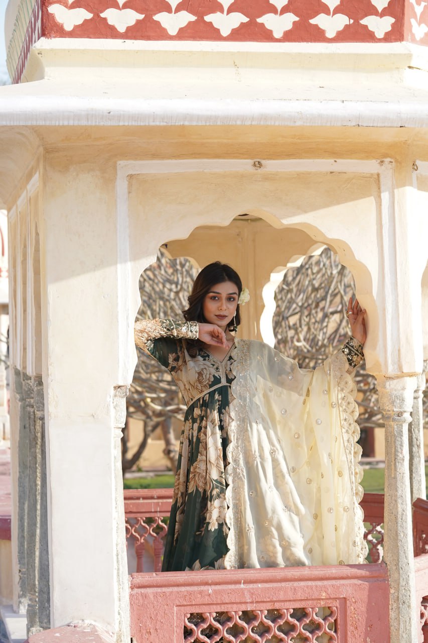 Entrancing Green Russian Silk Floral Gown With Dupatta - INDIAN ELEGANCE