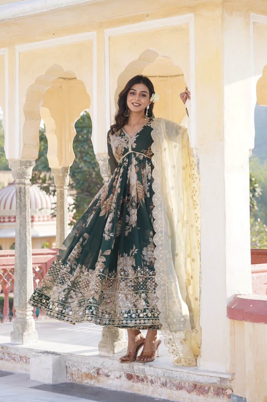 Entrancing Green Russian Silk Floral Gown With Dupatta - INDIAN ELEGANCE